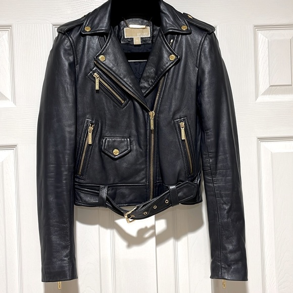 MICHAEL Michael Kors Jackets & Blazers - MICHAEL BY MICHAEL KORS MOTO MIDNIGHT BLUE BLACK LEATHER JACKET & GOLD HARDWARE